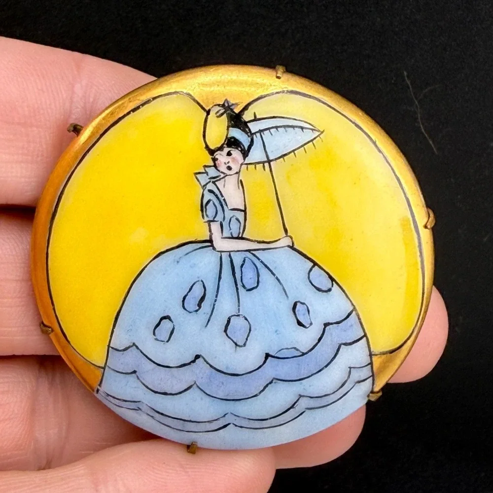 Vintage Victorian Painted Porcelain Brooch Yellow Woman With Umbrella